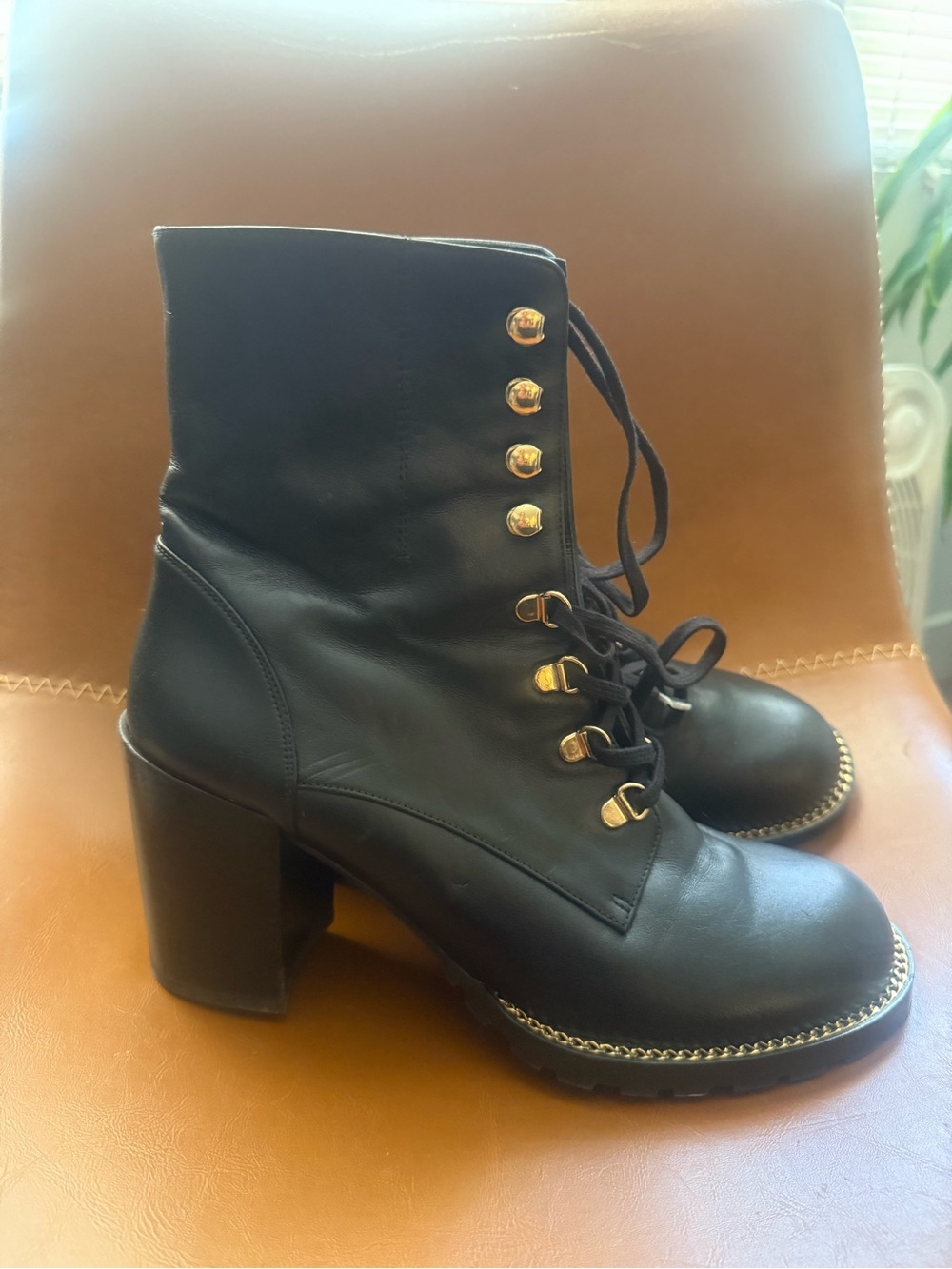 Stuart Weitzman Black Lace-Up Block Heel Women's Boots with Gold Hardware